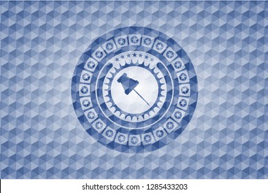 paper pin icon inside blue emblem with geometric pattern background.