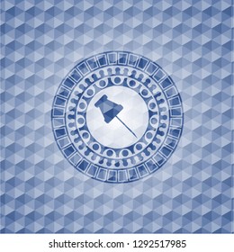 paper pin icon inside blue badge with geometric pattern.