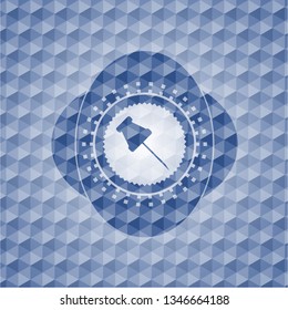 paper pin icon inside blue emblem or badge with geometric pattern background.