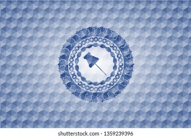 paper pin icon inside blue emblem with geometric background.