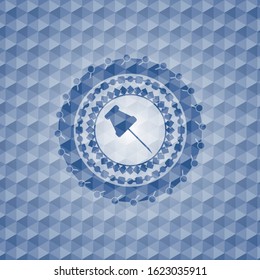 paper pin icon inside blue emblem or badge with geometric pattern background.