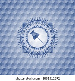 paper pin icon inside blue emblem with geometric pattern background. 