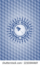 paper pin icon inside blue emblem with geometric pattern. 