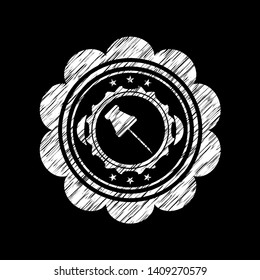 paper pin icon inside chalkboard emblem on black board