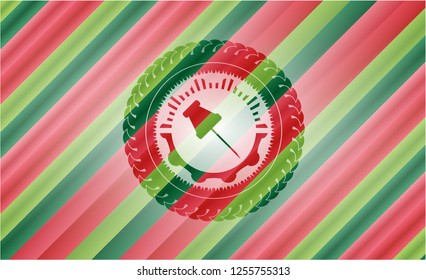 paper pin icon inside christmas emblem background.