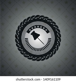 paper pin icon inside dark emblem. Retro