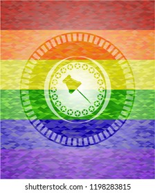 paper pin icon inside emblem on mosaic background with the colors of the LGBT flag