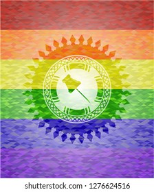 paper pin icon inside emblem on mosaic background with the colors of the LGBT flag