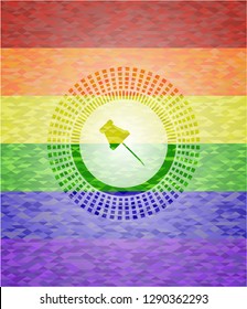 paper pin icon inside emblem on mosaic background with the colors of the LGBT flag