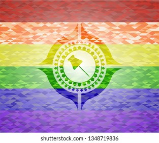 paper pin icon inside emblem on mosaic background with the colors of the LGBT flag