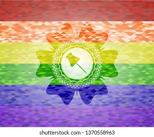 paper pin icon inside emblem on mosaic background with the colors of the LGBT flag