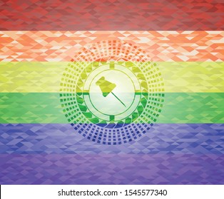 paper pin icon inside emblem on mosaic background with the colors of the LGBT flag