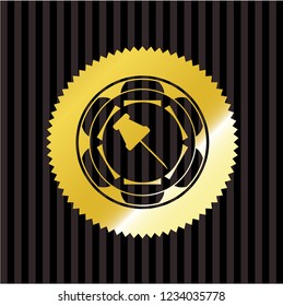 paper pin icon inside gold badge or emblem
