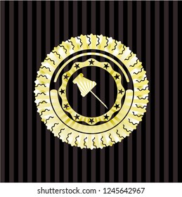 paper pin icon inside gold emblem or badge