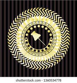 paper pin icon inside gold shiny badge