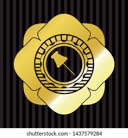 paper pin icon inside gold shiny badge