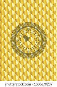 paper pin icon inside gold shiny badge. Scales pattern. Vector Illustration. Detailed.