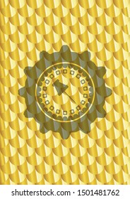 paper pin icon inside gold shiny emblem. Scales pattern. Vector Illustration. Detailed.