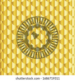 paper pin icon inside golden badge. Scales pattern. Vector Illustration. Detailed.