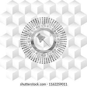 paper pin icon inside grey badge with geometric cube white background