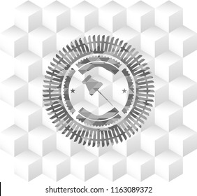 paper pin icon inside grey emblem with cube white background