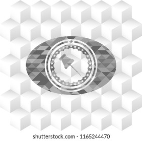 paper pin icon inside grey icon or emblem with geometric cube white background