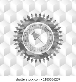 paper pin icon inside grey emblem with geometric cube white background