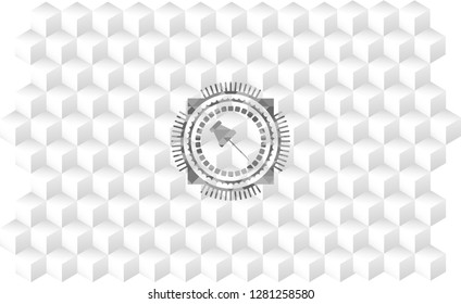 paper pin icon inside grey emblem. Vintage with geometric cube white background