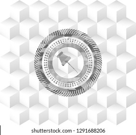 paper pin icon inside grey emblem. Retro with geometric cube white background