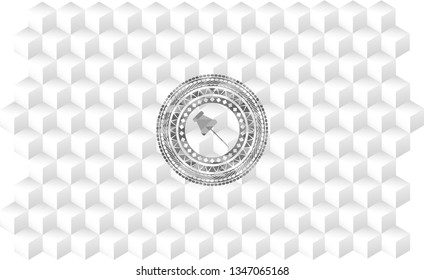 paper pin icon inside grey badge with geometric cube white background