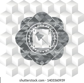 paper pin icon inside grey emblem. Vintage with geometric cube white background