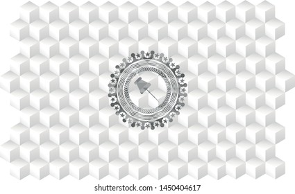paper pin icon inside grey emblem. Retro with geometric cube white background
