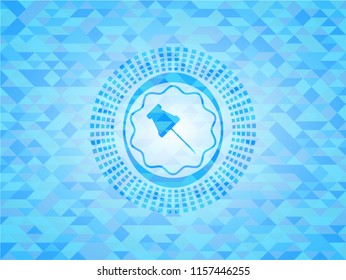 paper pin icon inside light blue mosaic emblem