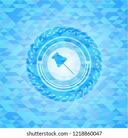 paper pin icon inside light blue emblem. Mosaic background
