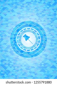 paper pin icon inside light blue emblem with mosaic ecological style background