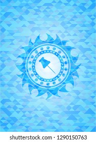 paper pin icon inside light blue emblem with mosaic ecological style background