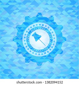paper pin icon inside light blue emblem with mosaic background