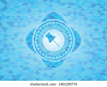 paper pin icon inside light blue emblem with mosaic background