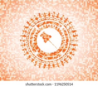 paper pin icon inside orange mosaic emblem