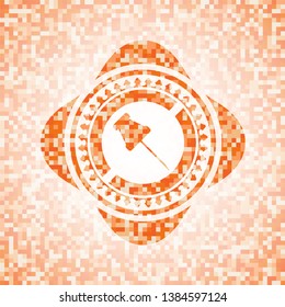 paper pin icon inside orange tile background illustration. Square geometric mosaic seamless pattern with emblem inside.