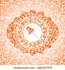paper pin icon inside orange mosaic emblem with background