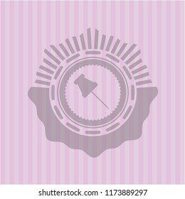 paper pin icon inside pink emblem. Retro