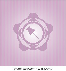 paper pin icon inside pink emblem