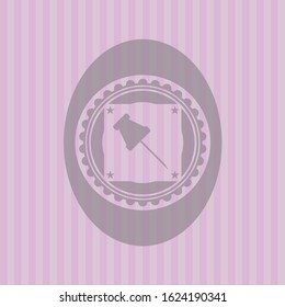 paper pin icon inside pink emblem. Retro