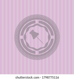 paper pin icon inside pink icon or emblem. Conceptual design.