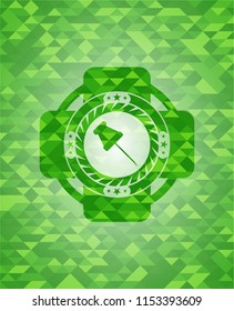 paper pin icon inside realistic green emblem. Mosaic background