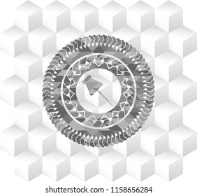 paper pin icon inside realistic grey emblem with cube white background