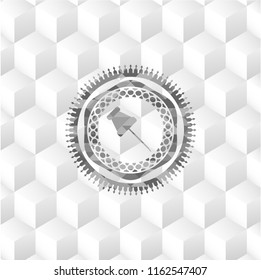 paper pin icon inside realistic grey emblem with geometric cube white background