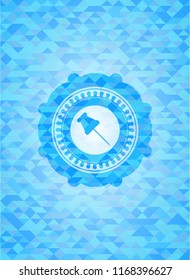 paper pin icon inside realistic sky blue emblem. Mosaic background