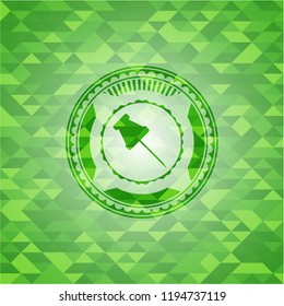 paper pin icon inside realistic green mosaic emblem